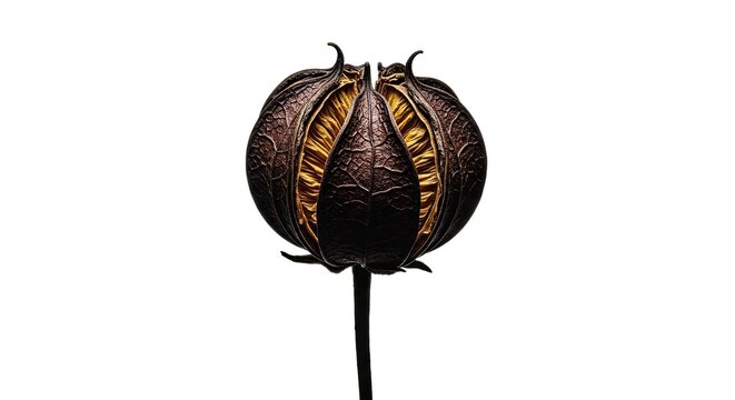 An elegant, mysterious dried flower head with a dark, cracked exterior opens up to show a beautiful, luminous golden core, shot in a minimalist style against a white backdrop - Powered by Adobe