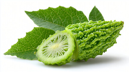 Fresh Bitter Melon with Leaf and Sliced Interior, Whole and Cut Bitter Gourd Placed on Green Leaf