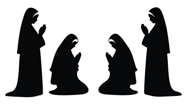 Silhouette of nuns praying catholic religious vector illustration