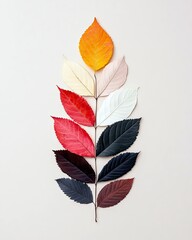 A symmetrical arrangement of ten leaves in a gradient of colors, from bright orange to deep red, purple, and brown, against a plain, light background.
