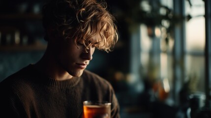 Thoughtful moment with a warm drink in a cozy cafe during golden hour