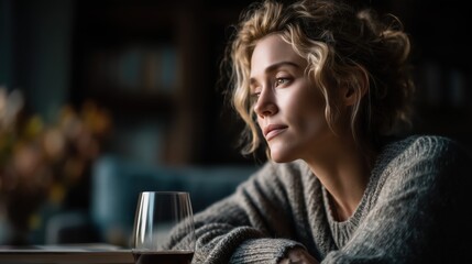 Reflecting on moments of quiet solitude with a glass of red wine at dusk in a cozy home setting