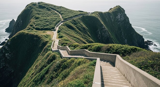 An epic scenic pathway with stone steps descends along a lush green mountain ridge overlooking the tranquil sea, creating a sense of adventure and exploration in a remote landscape