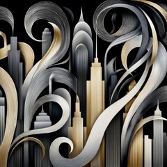 A stylized Art Deco cityscape featuring skyscrapers adorned with flowing, ribbon-like elements in gold, silver, and black.