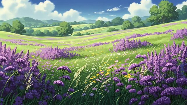 Anime Landscape - Serene Lavender Field with Rolling Hills and Blue Sky.