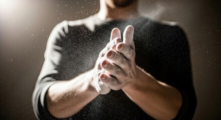 An unrecognizable athlete prepares for a challenge by clapping his hands covered in chalk, with powder particles exploding in the air against a dark and dramatic background