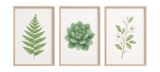 A trio of botanical art pieces, ideal for adding tranquility to any bedroom.