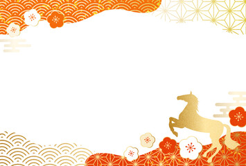 高級感のある 和柄 午年 梅 曲線フレーム 正月 新年 年賀状 2026年