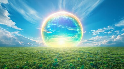 Celestial Orb Over Lush Green Field Of Clover