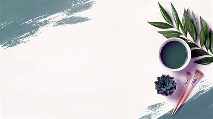 A creative composition featuring art supplies and natural elements, ideal for design, art, or wellness themes.