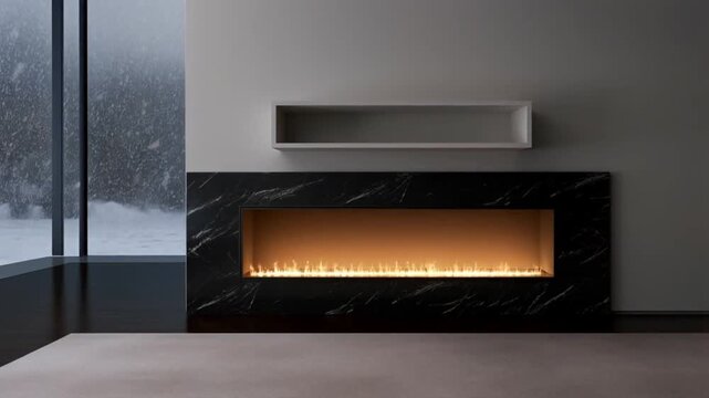 Cool to warm shift minimalist interior fire intensifying snowfall through floor to ceiling window empty black marble shelf for text. Concept of serene winter sophistication