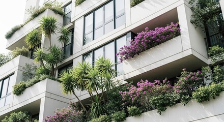 Modern concrete apartment building with lush green balconies featuring vibrant purple flowers and yucca plants, showcasing sustainable urban architecture and biophilic design