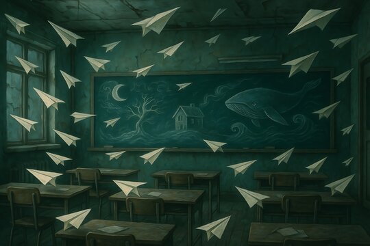 Surreal Classroom with Flying Paper Airplanes and Whimsical Chalkboard Art