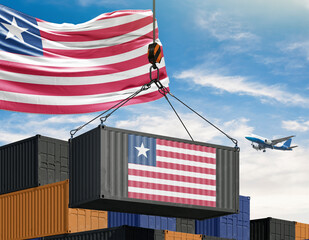 Liberian Export and Trade: A symbolic representation of international trade, showcasing a container bearing the Liberian flag suspended amidst a stack of containers and an airplane in the sky.