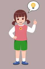 Cute little girl with a light bulb idea. Cartoon child expressing a eureka moment. Perfect for education, creativity, problem-solving, and kids illustration designs.