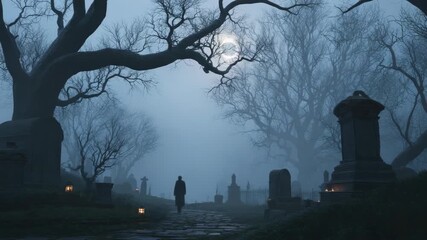 Mysterious misty graveyard scene with silhouette and moonlight