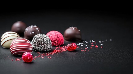 A collection of assorted gourmet chocolates and candies, including white, dark, and red varieties, are artfully arranged on a dark, textured surface.