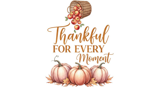 Illustration of pumpkins, apple basket and text on white background, conveying appreciation for moments, suitable for Thanksgiving or seasonal decor
