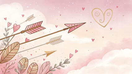 Cupid's arrow watercolor background with whimsical pink and gold arrows, faint hearts and swirls, lighthearted and romantic design against blush sky with copy space, words + concept