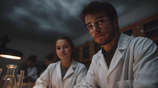 Young scientists in protective gear conducting an experiment in a dimly lit laboratory