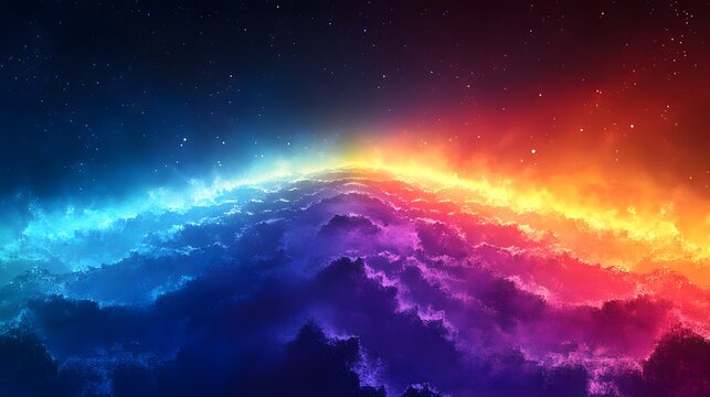 Vibrant abstract nebula and cosmic cloud. Hot and cold color gradients (red, blue, yellow, purple) colliding in a spectacular space background.