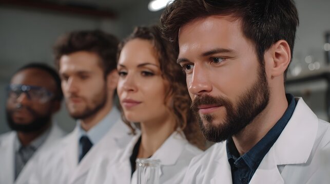 A diverse group of scientists in a laboratory setting focused on research and discovery