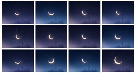 Sequential images of a crescent moon over time against a dark sky