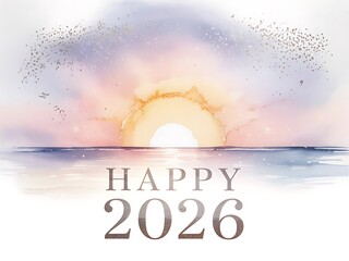 Serene watercolor sunset over calm ocean waters with shimmering light and celebratory text wishing a happy new year 2026