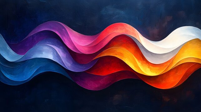 Abstract layered wave painting. Dynamic brushstrokes create vibrant, flowing curves of spectrum oil paint against a dark, textured background.