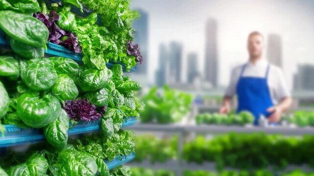 Urban Cultivation: Fresh herbs and leafy greens flourish in a vertical farm within a modern city, a paradigm shift in the agricultural landscape, the epitome of sustainable urban agriculture.