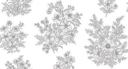 Gray-toned botanical illustration with repeated floral arrangements on a white background