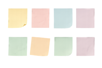 Png set of pastel sticky notes in soft colors isolated on transparent background. concept of office stationery, message reminders, colorful note paper, organizational tools. clip art for design