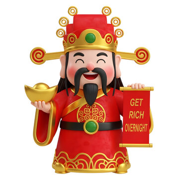 Chinese god of wealth Caishen holding gold ingot and scroll with get rich quick message