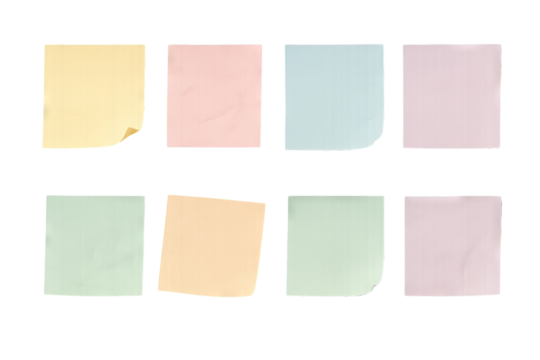 Png set of pastel sticky notes in soft colors isolated on transparent background. concept of office stationery, message reminders, colorful note paper, organizational tools. clip art for design