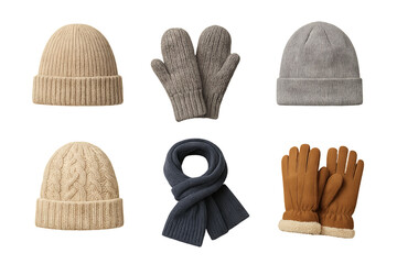 Png set of cozy winter accessories including hats, mittens, gloves, and scarf isolated on transparent background. concept of cold weather clothing, warm apparel, seasonal fashion.