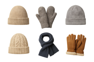 Png set of cozy winter accessories including hats, mittens, gloves, and scarf isolated on transparent background. concept of cold weather clothing, warm apparel, seasonal fashion.