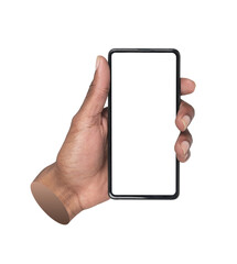 Phone in hand. African American man holding smartphone with clean white screen, using mobile device