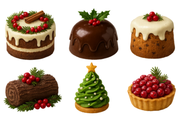 Png set of festive christmas cakes with berries and holly isolated on transparent background. concept of holiday desserts, winter treats, seasonal baked goods, celebration decor