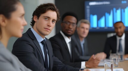 Diverse professionals in a modern boardroom discussing financial data presentation