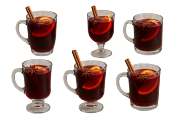 Png set of transparent glasses with mulled wine garnished with orange slices and cinnamon sticks isolated on transparent background. concept of warm spiced drink, winter beverage, holiday decor.