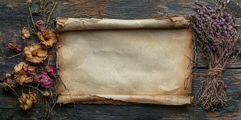 An old, weathered parchment scroll with dried flowers and herbs on a rustic wooden table.