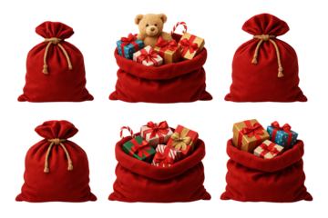 Png set of red gift bags with presents and candy canes isolated on transparent background. concept of holiday gifts, christmas decor, festive surprises, winter celebrations.