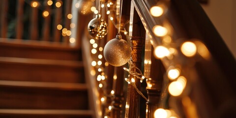 A wooden staircase adorned with golden Christmas lights and silver ornaments, leading to a warm, inviting interior with a soft glow of fairy lights.