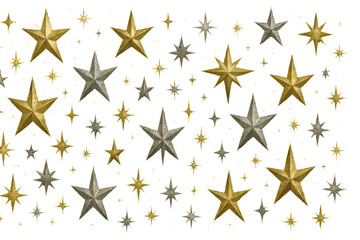 Png set of glowing metallic stars in gold and silver isolated on transparent background. concept of cosmic elements, party decor, galaxy-themed design, celestial clip art assets