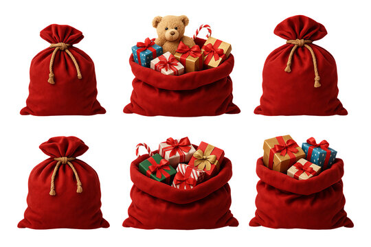 Png set of red gift bags with presents and candy canes isolated on transparent background. concept of holiday gifts, christmas decor, festive surprises, winter celebrations.