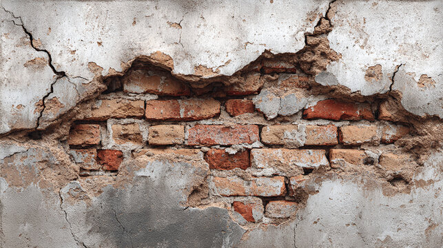 An aged wall displaying a distressed textured brick and plaster surface