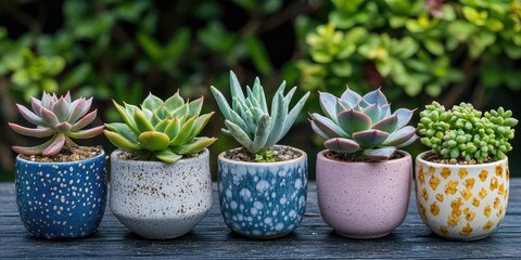 A row of colorful succulents in various pots, arranged on a wooden surface with a blurred green background.