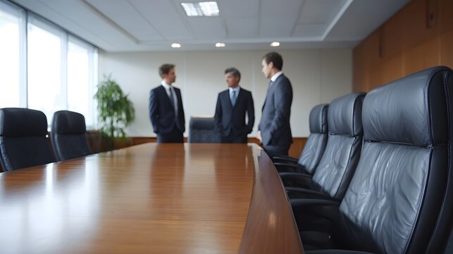 Three businessmen in suits stand in a blurred corporate boardroom around a polished wooden table with leather chairs