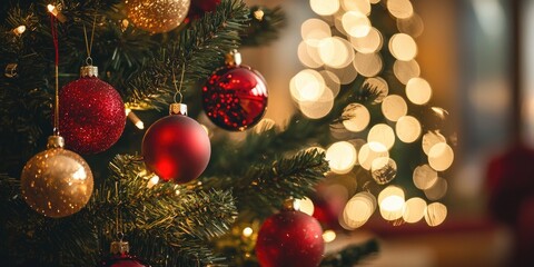 A beautifully decorated Christmas tree with red and gold ornaments, surrounded by twinkling lights, against a blurred background.