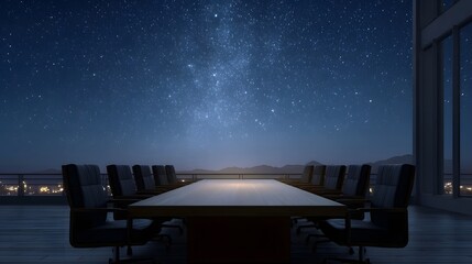 Obraz premium Modern executive boardroom overlooking a city skyline under a vast starry night sky